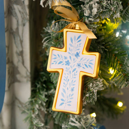 Floral Cross Blown Glass Christmas Ornament – 2026 First Edition
